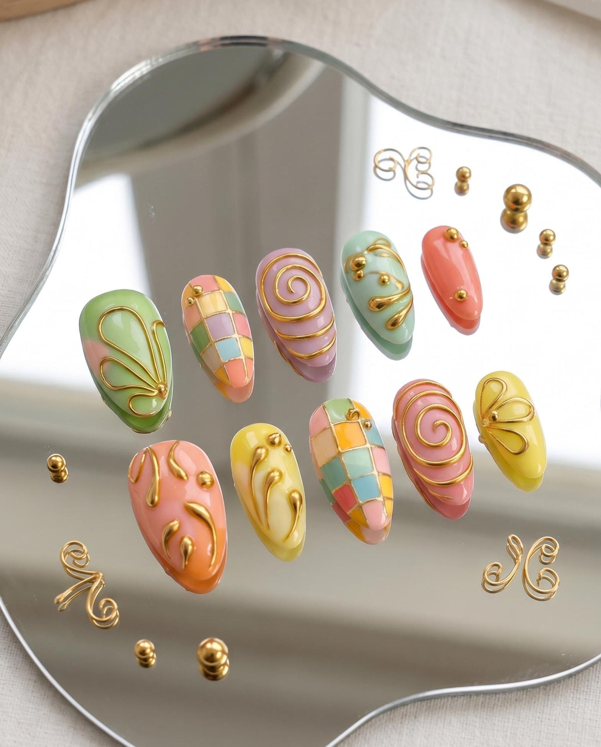 Pastel Checkerboard Press-On Nails With Raised Gold Swirls, Summer Nail Set
