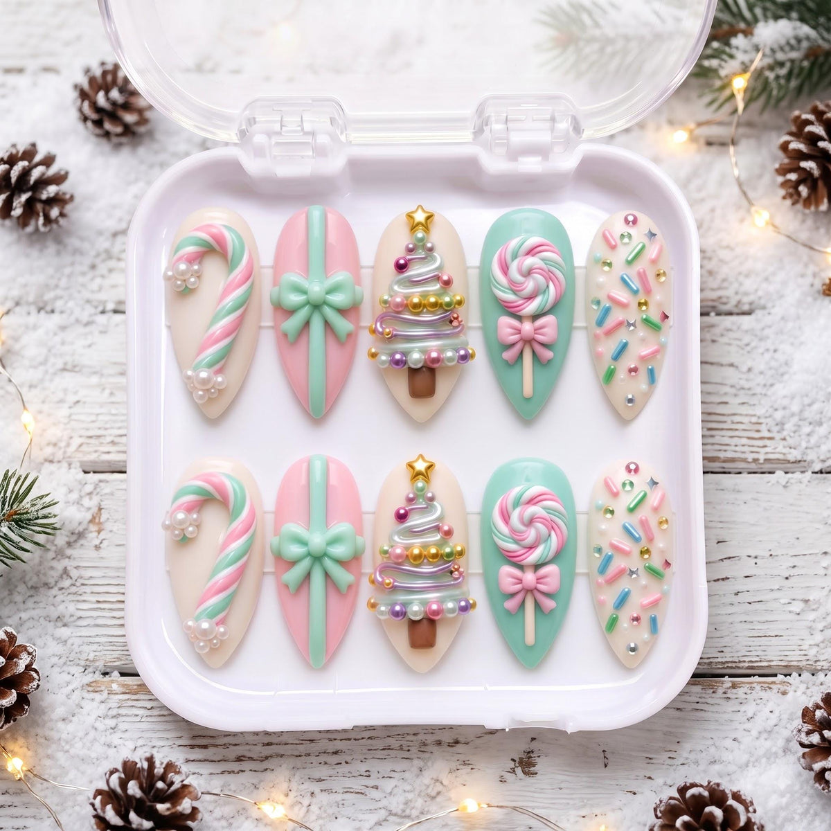 Pastel Christmas Candy Cane, Lollipop, and Tree Nail Set