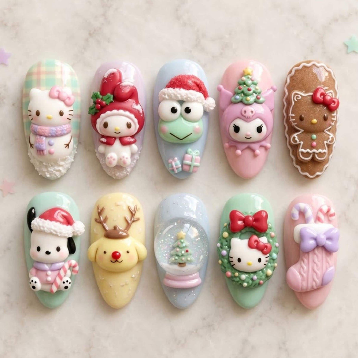 Pastel Christmas Character Press On Nails With 3D Gingerbread, Snowmen and Trees