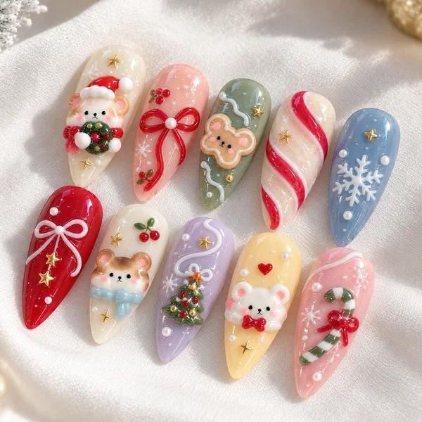 Pastel Christmas Mouse Nail Set With Candy Canes, Bows, Snowflakes and 3D Details