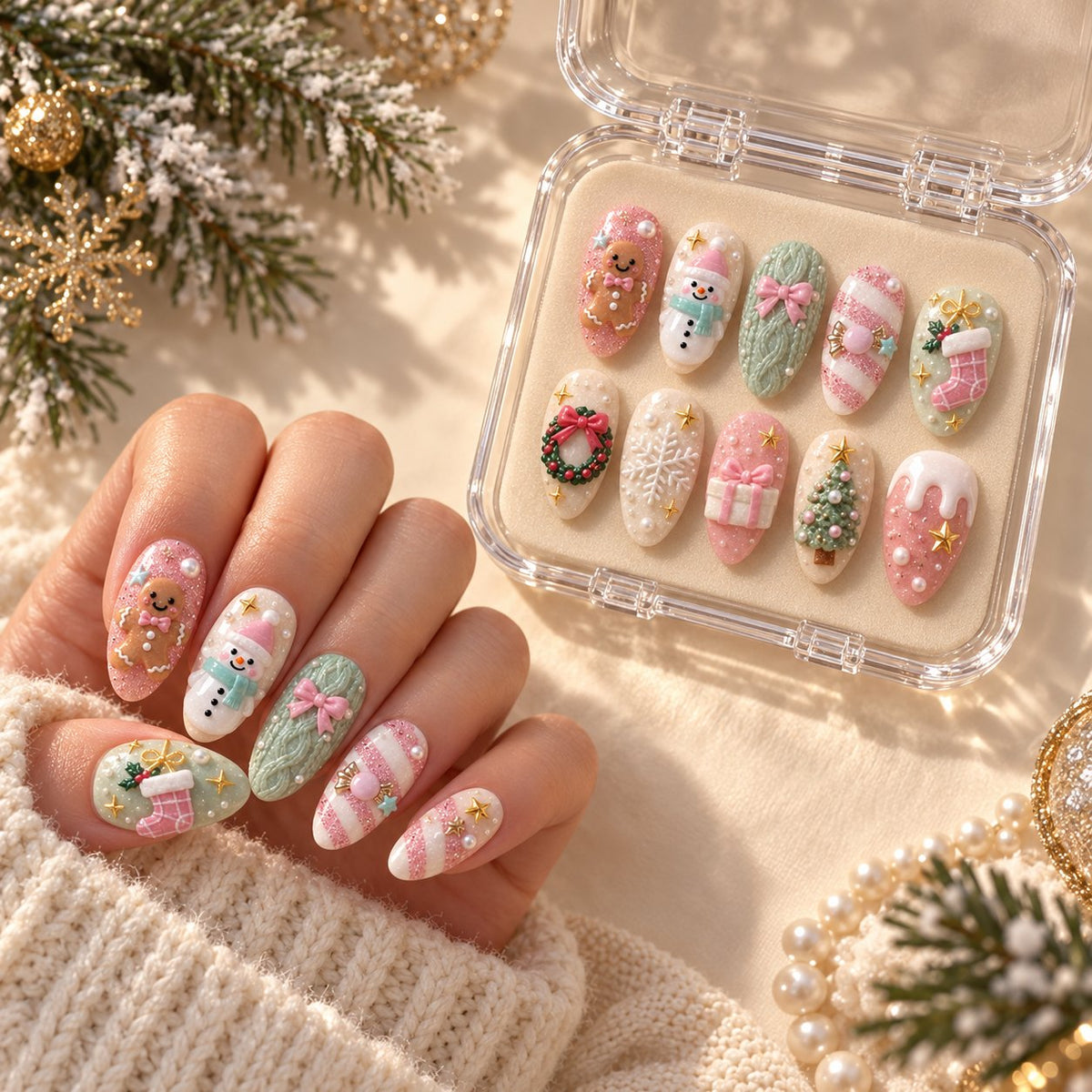 Pastel Christmas Nails with Gingerbread, Snowman, Knit, and 3D Bows worn on hand with acrylic storage box