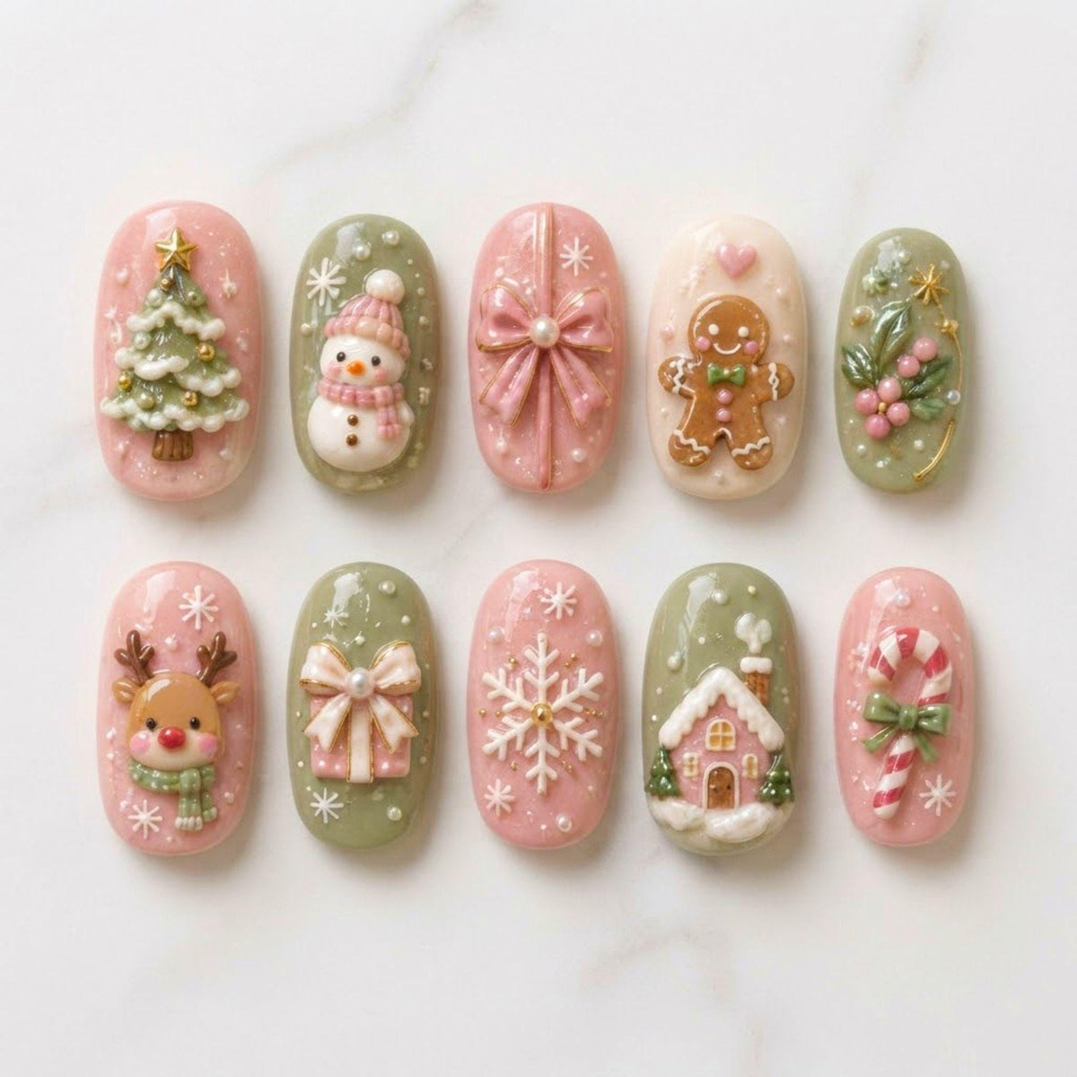 Pastel Christmas Press On Nails With 3D Gingerbread, Snowmen and Holiday Details