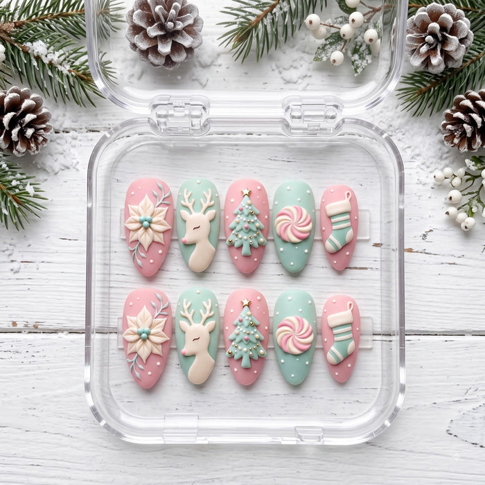 Pastel Christmas Press On Nails With 3D Reindeer, Trees and Peppermint Swirls