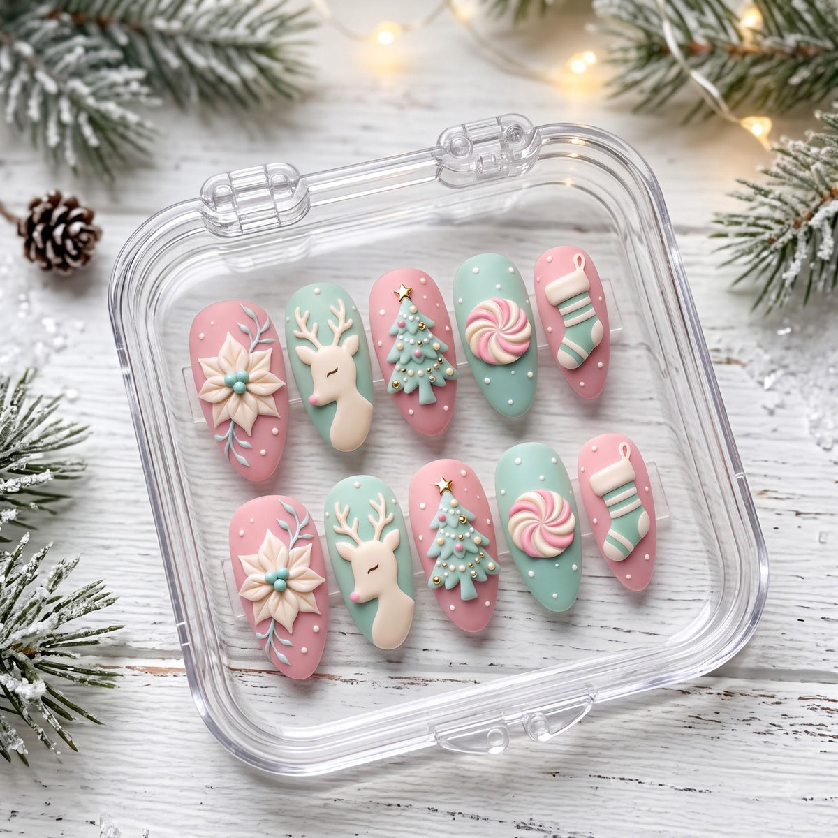 Pastel Christmas Press On Nails With 3D Reindeer, Trees and Peppermint Swirls