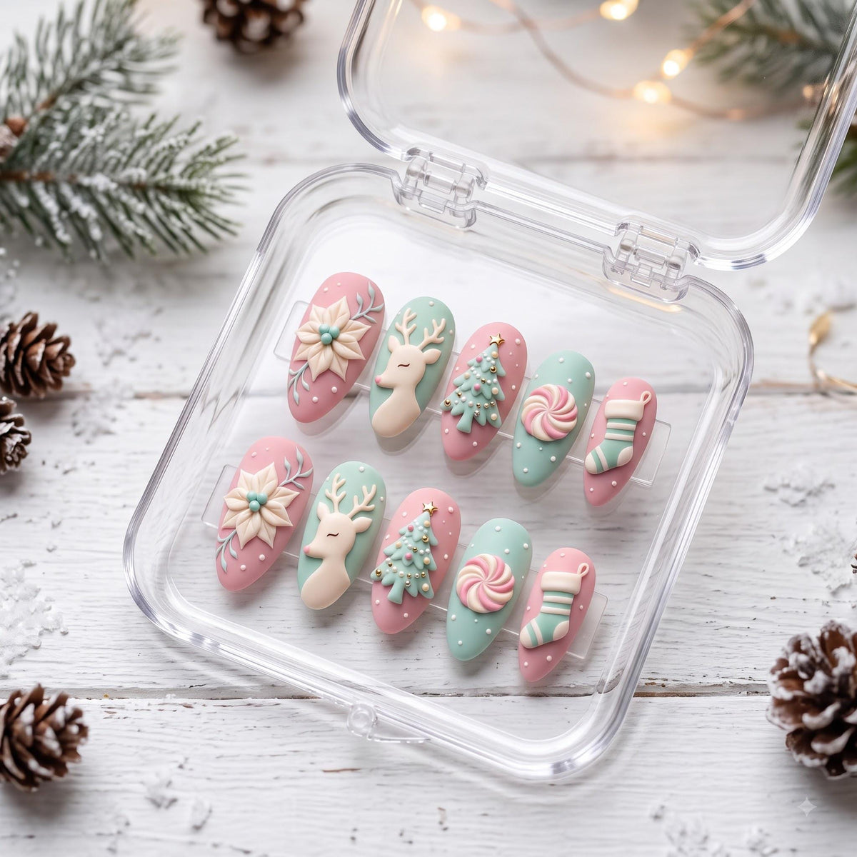 Pastel Christmas Press On Nails With 3D Reindeer, Trees and Peppermint Swirls