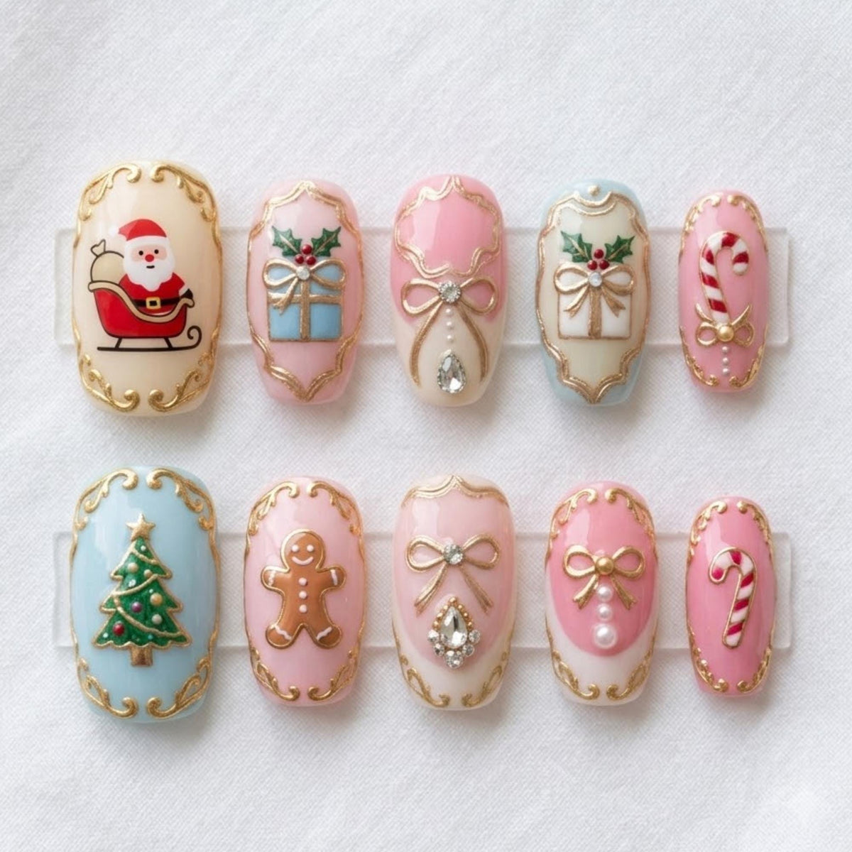 Pastel Christmas Press-On Nails With Gold Baroque Edging, Bows and Rhinestones