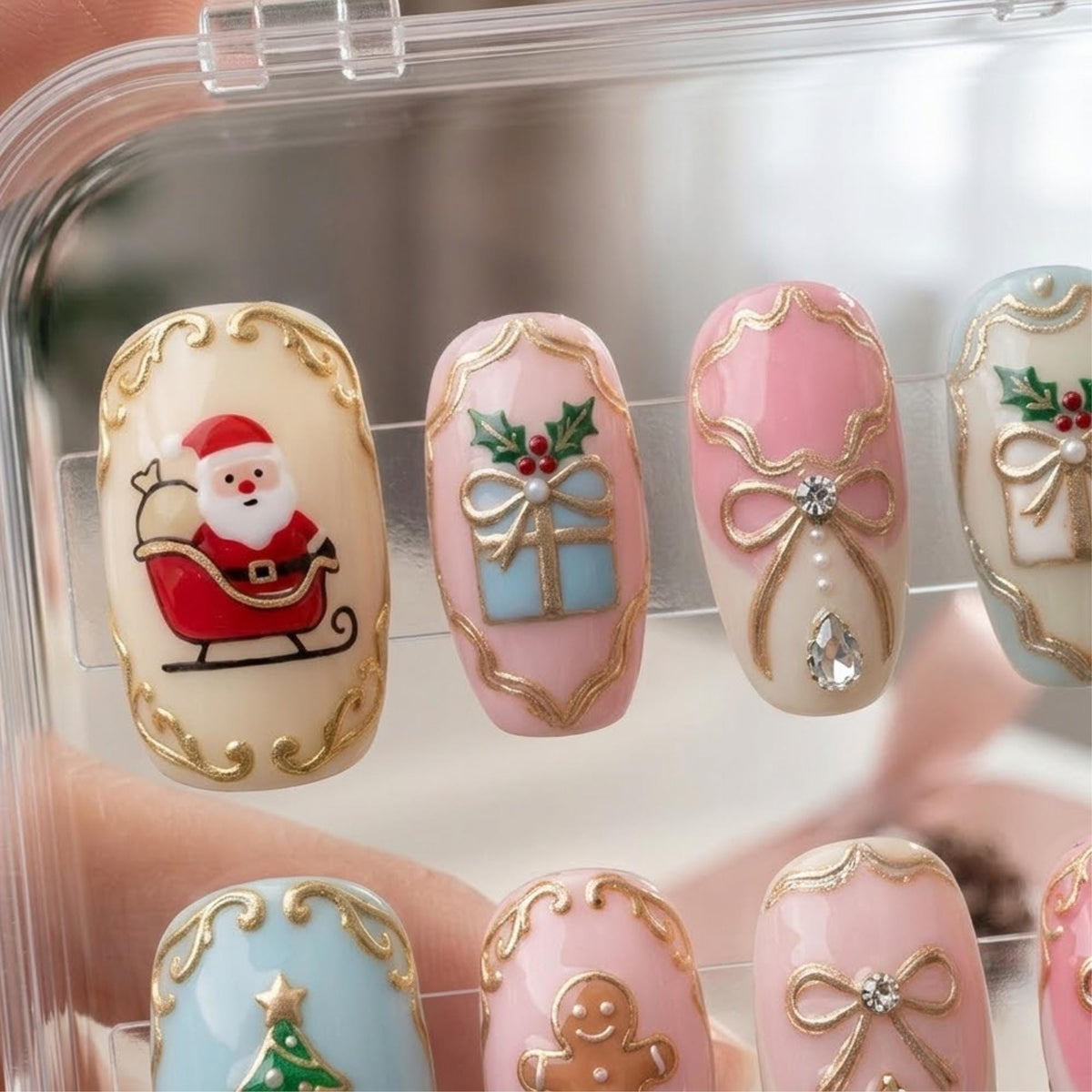 Pastel Christmas Press-On Nails With Gold Baroque Edging, Bows and Rhinestones