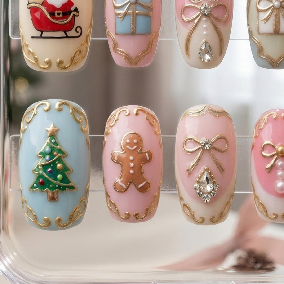 Pastel Christmas Press-On Nails With Gold Baroque Edging, Bows and Rhinestones