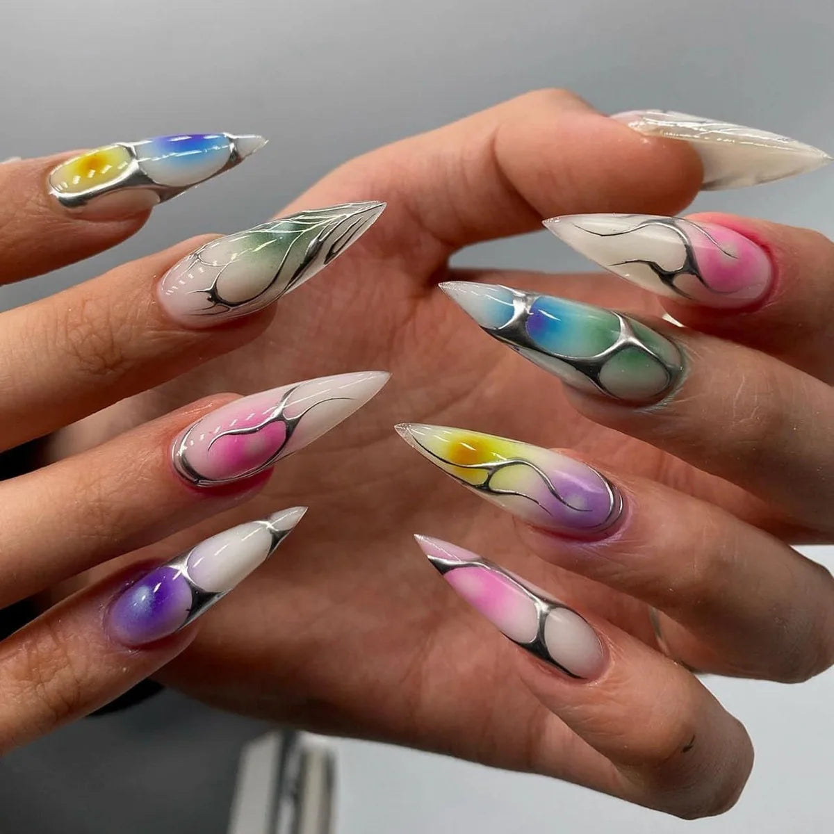 Pastel Chrome Swirl Press On Nails with Iridescent Multicolor Gradients