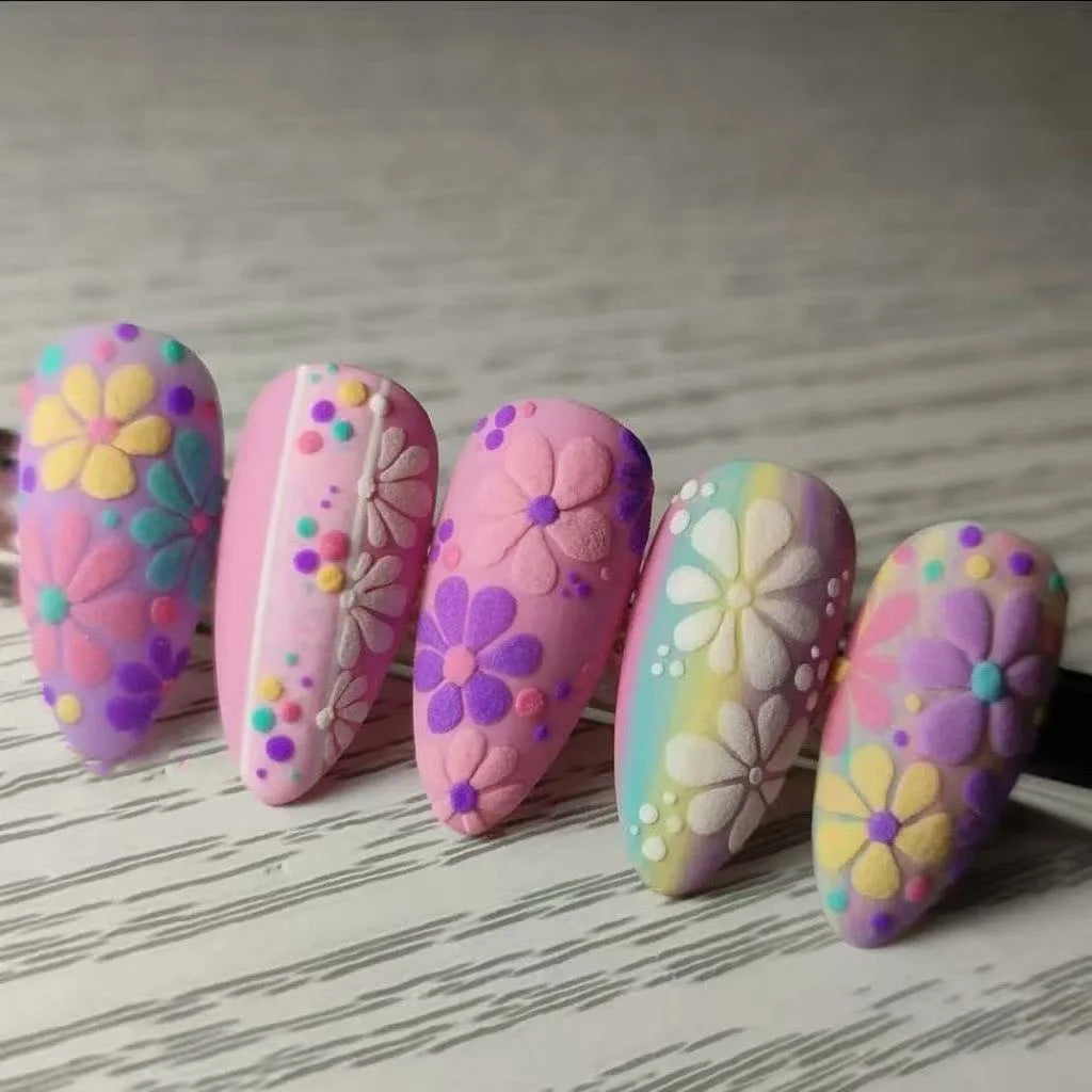 Pastel Daisy Press-On Nails With 3D Flowers and Colorful Dots