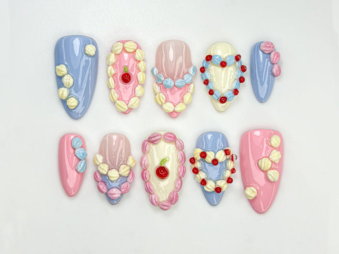 Pastel Dessert-Inspired Birthday Press On Nails With Raised Icing and Cherry Details