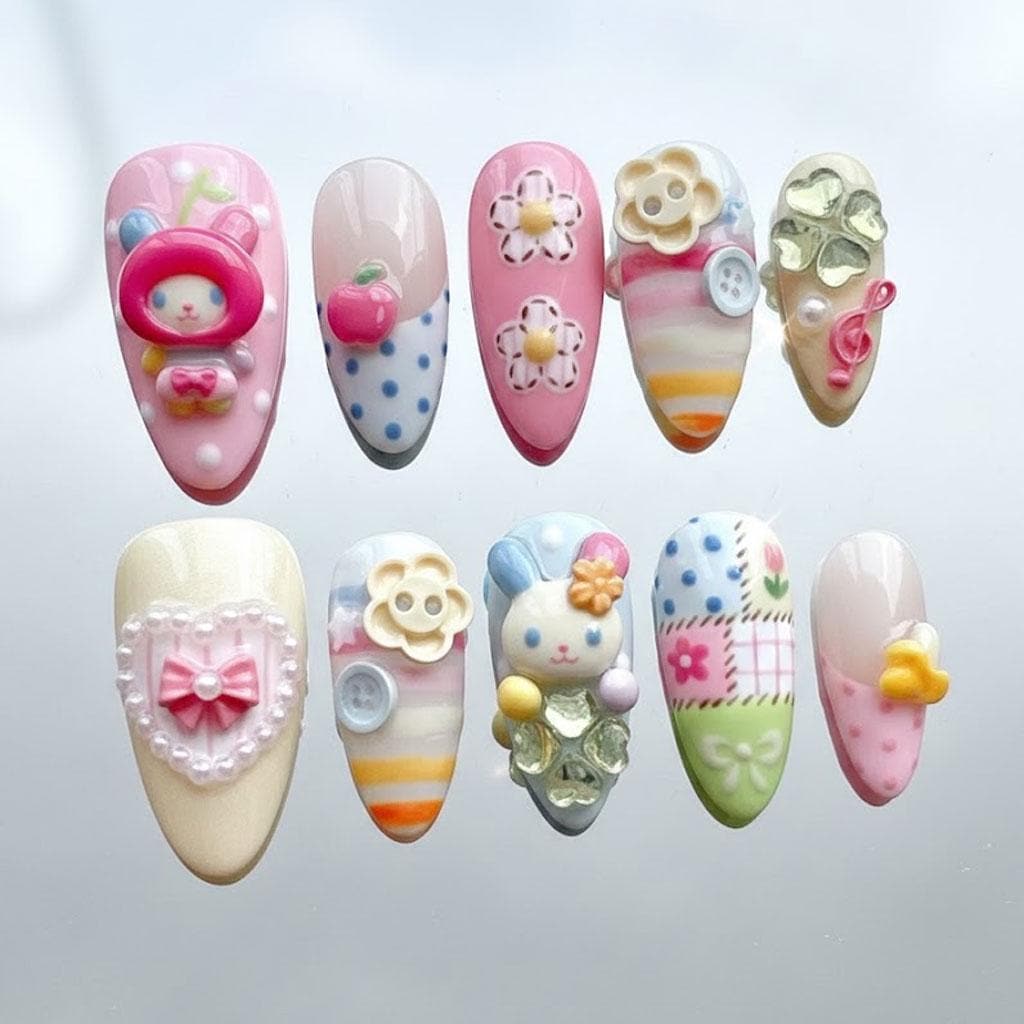 Pastel Doll and Bunny Nails with Flowers, Buttons, Bows, and Blue Polka Dots