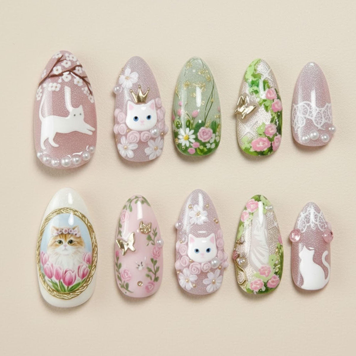 Pastel Fairytale Cat and Floral Press-On Nails