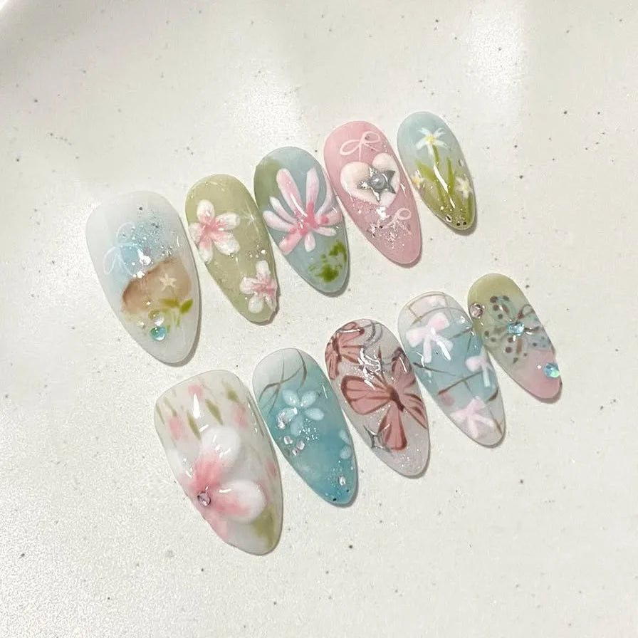 Pastel Floral Garden Nail Set with Iridescent Accents
