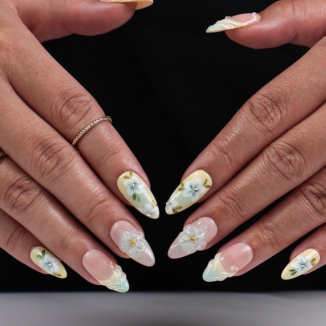 Pastel Floral Press On Nails with 3D White Flowers and Mint Tips