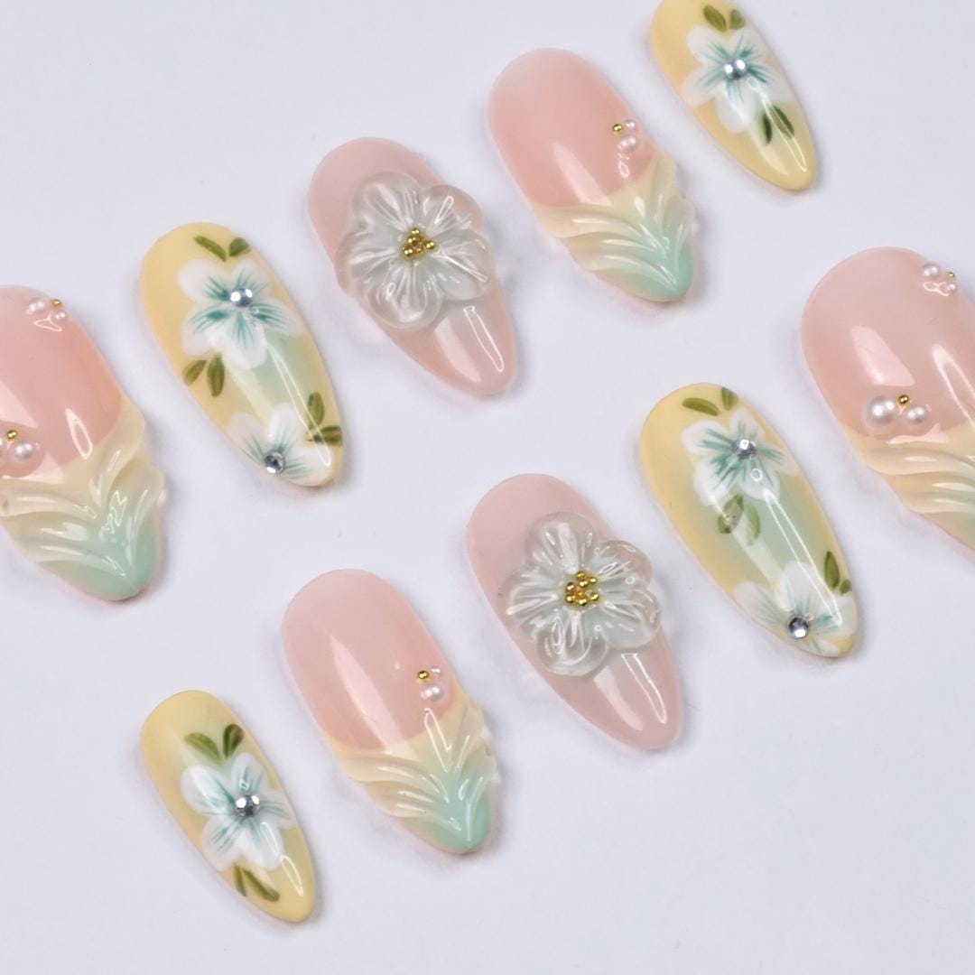 Pastel Floral Press On Nails with 3D White Flowers and Mint Tips