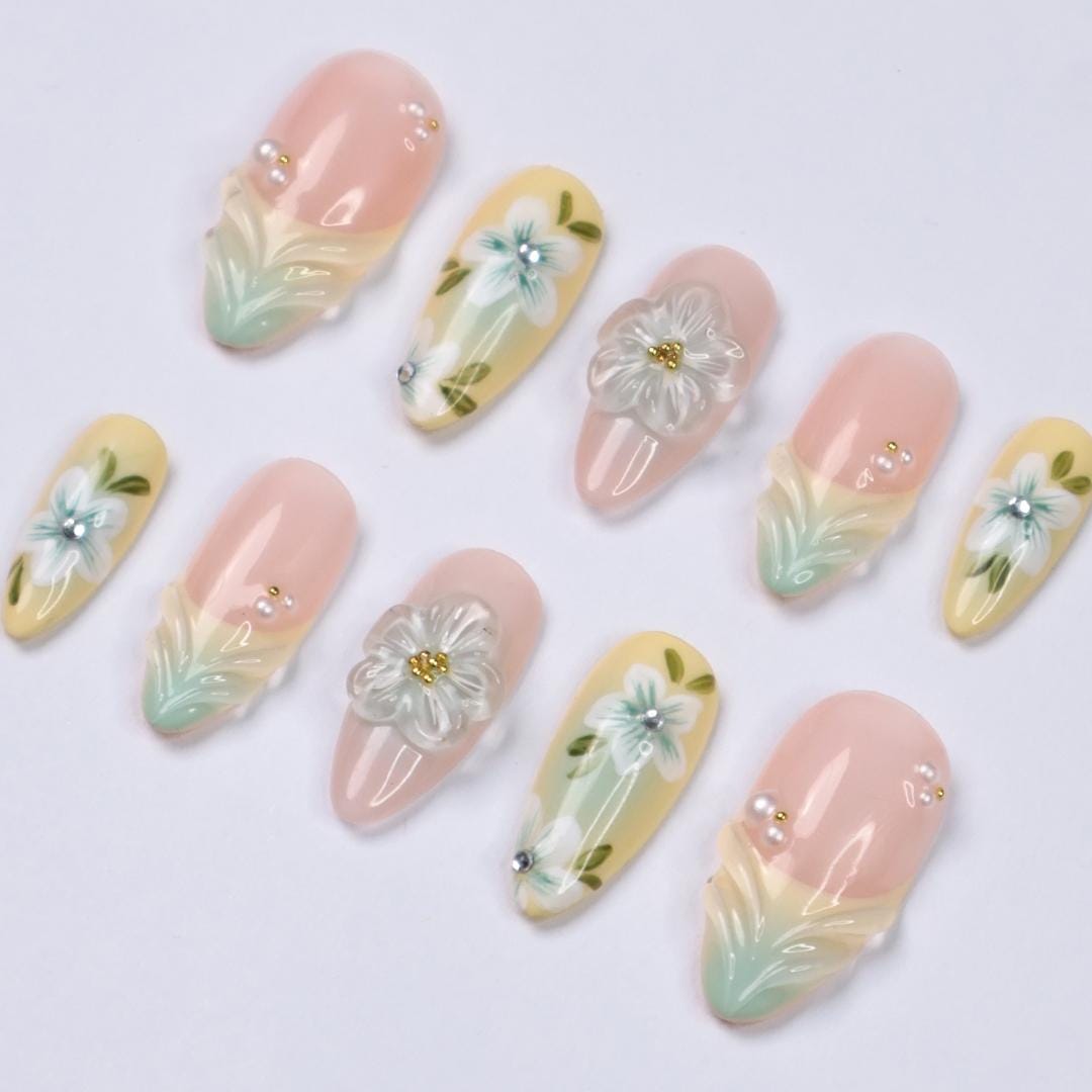 Pastel Floral Press On Nails with 3D White Flowers and Mint Tips