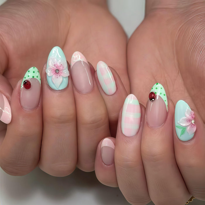 Pastel Floral Press On Nails with Ladybug Accents, Stripes and Mint Tips