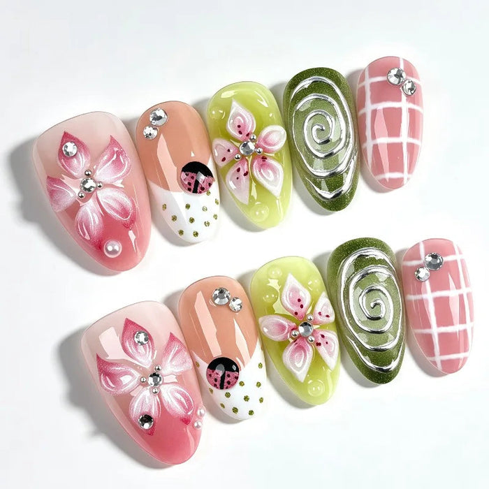 Pastel Flower and Ladybug Spring Press-On Nail Set