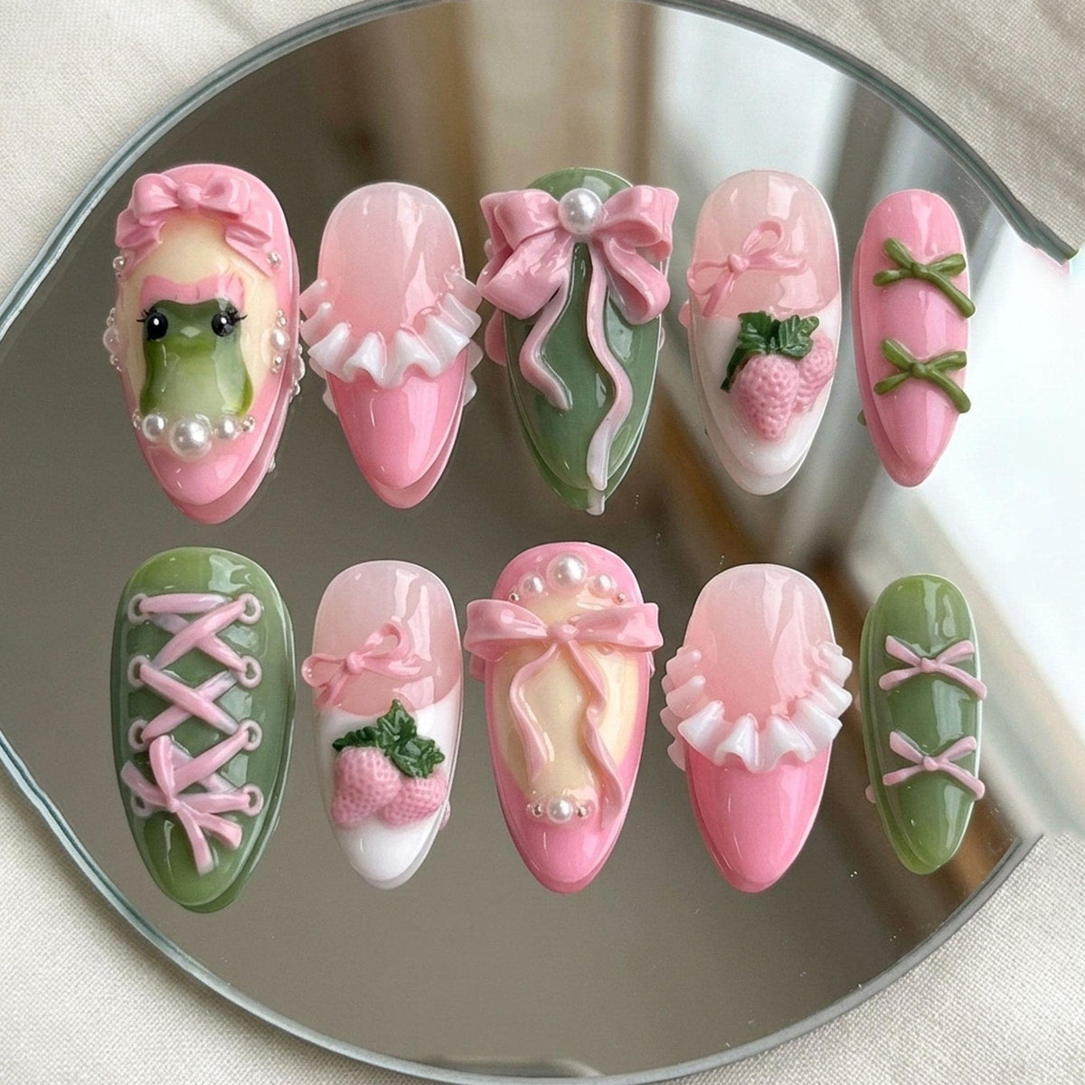 Pastel Frog and Strawberry Nail Set with 3D Bows and Ruffles