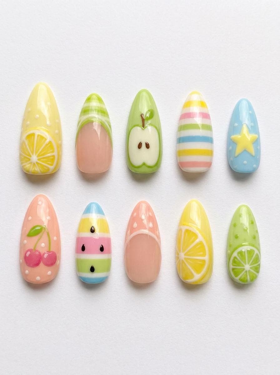Pastel Fruit and Star Nails with Colorful Stripes and French Tips