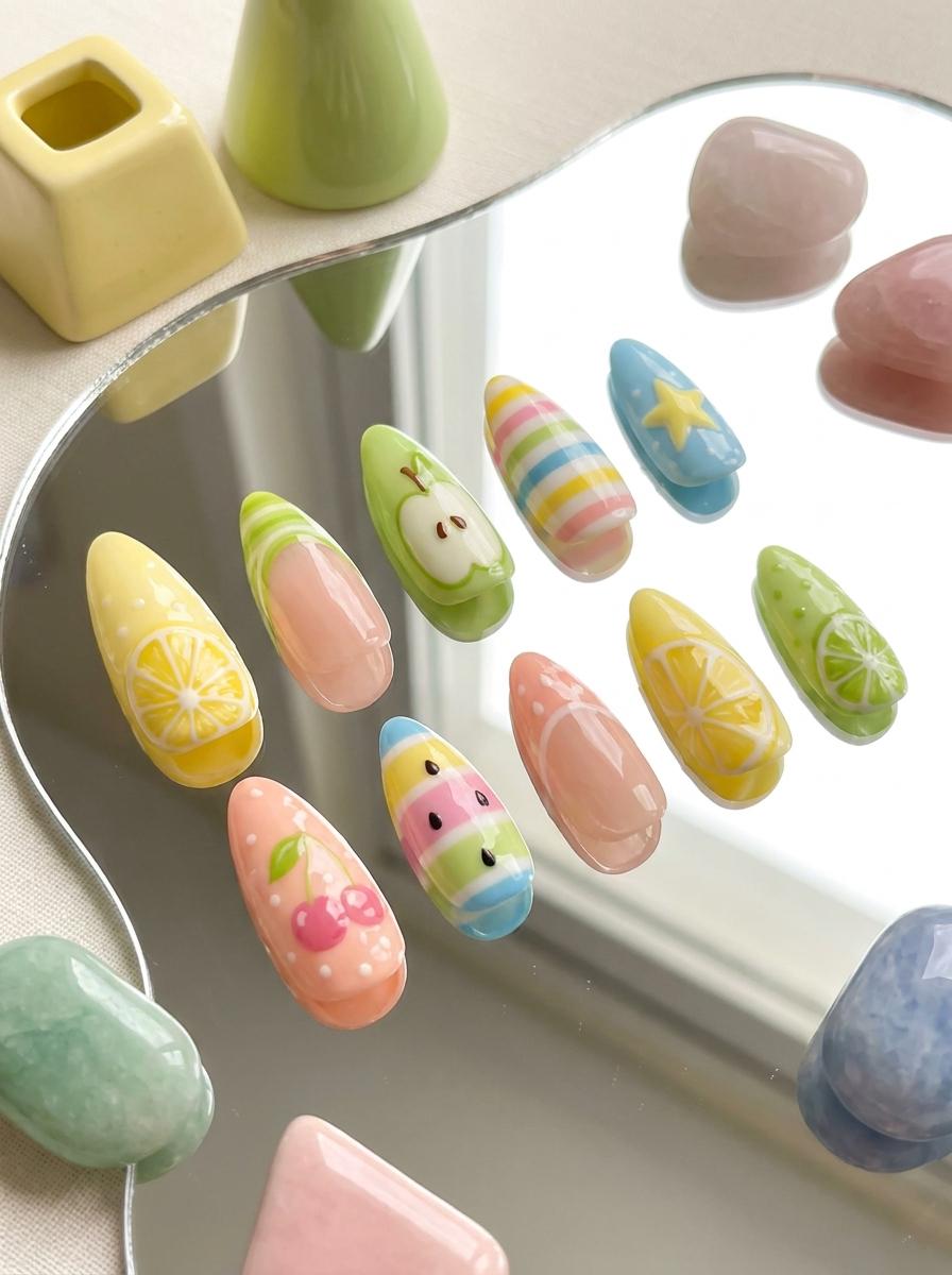 Pastel Fruit and Star Nails with Colorful Stripes and French Tips