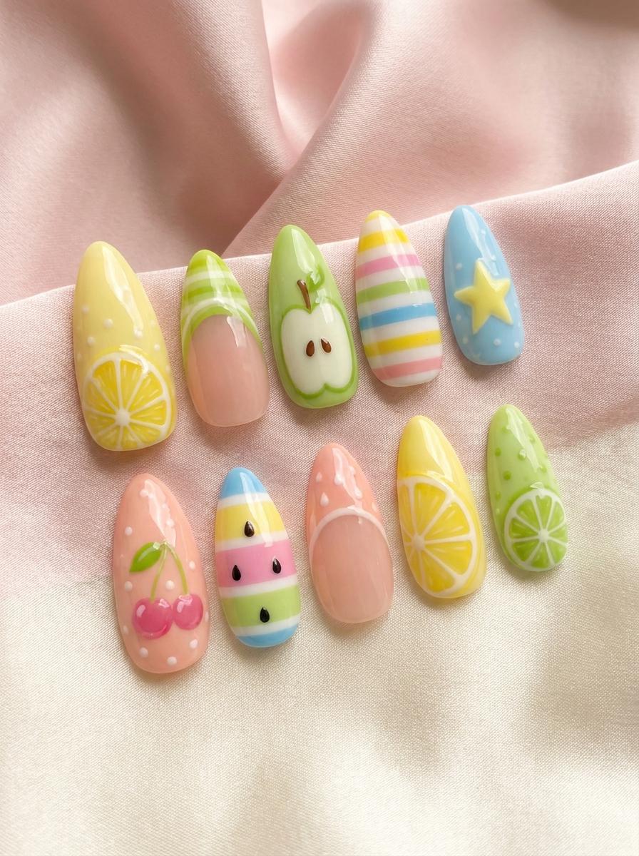 Pastel Fruit and Star Nails with Colorful Stripes and French Tips