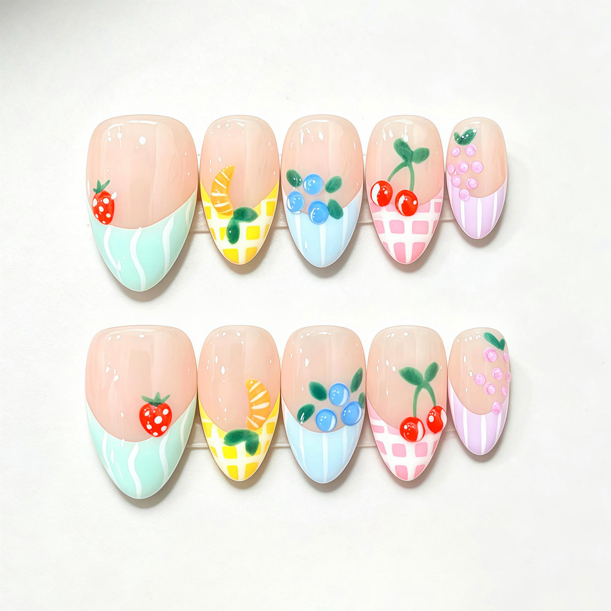 Pastel Fruit French Tip Nail Set with Hand-Painted Fruit