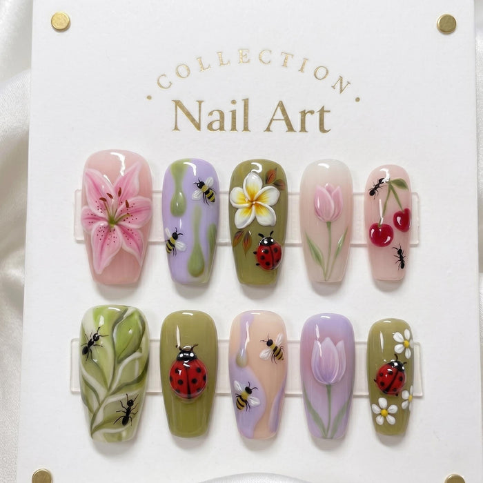 Pastel Garden Press On Nails With 3D Bees, Ladybugs, Flowers, and Cherries