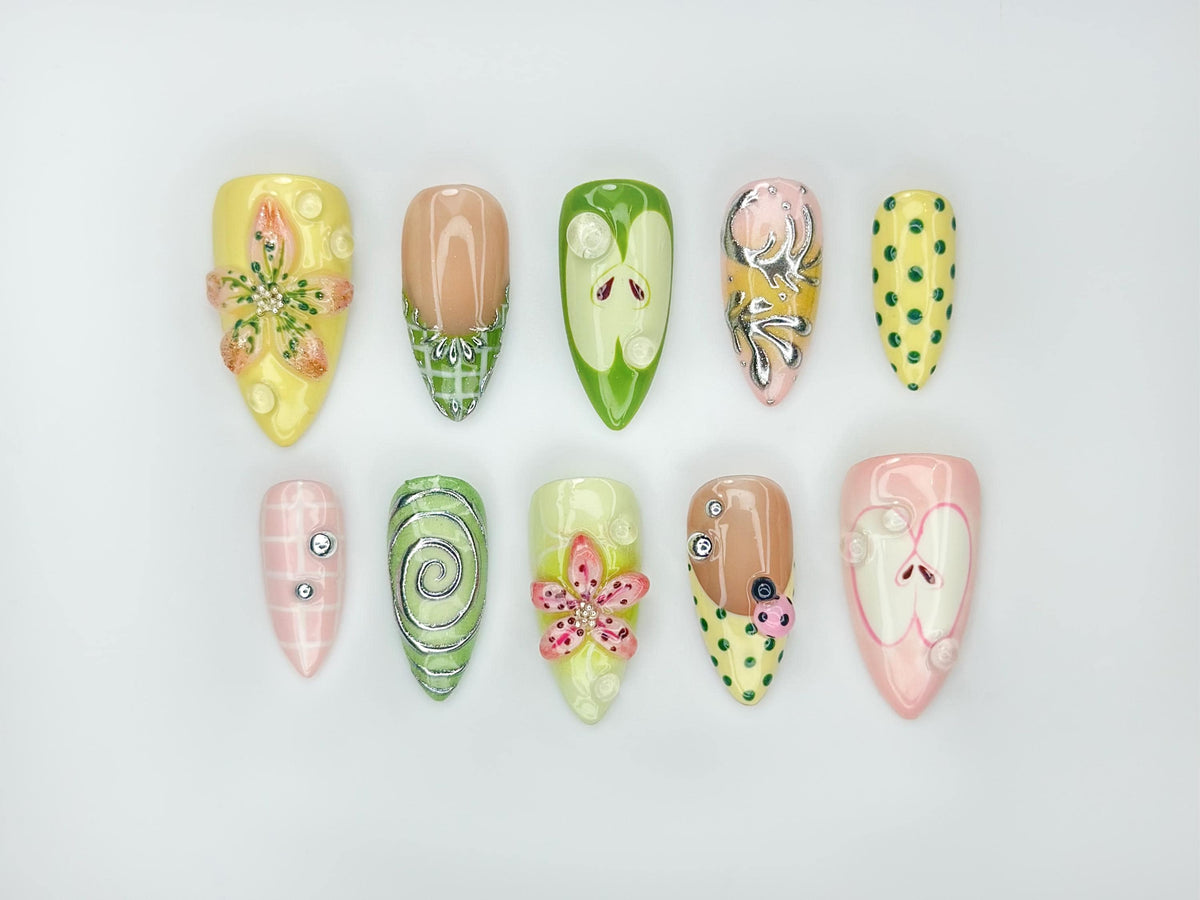Pastel Garden Press On Nails With 3D Flowers, Ladybug Details & Rhinestones