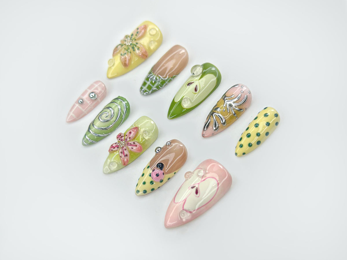 Pastel Garden Press On Nails With 3D Flowers, Ladybug Details & Rhinestones