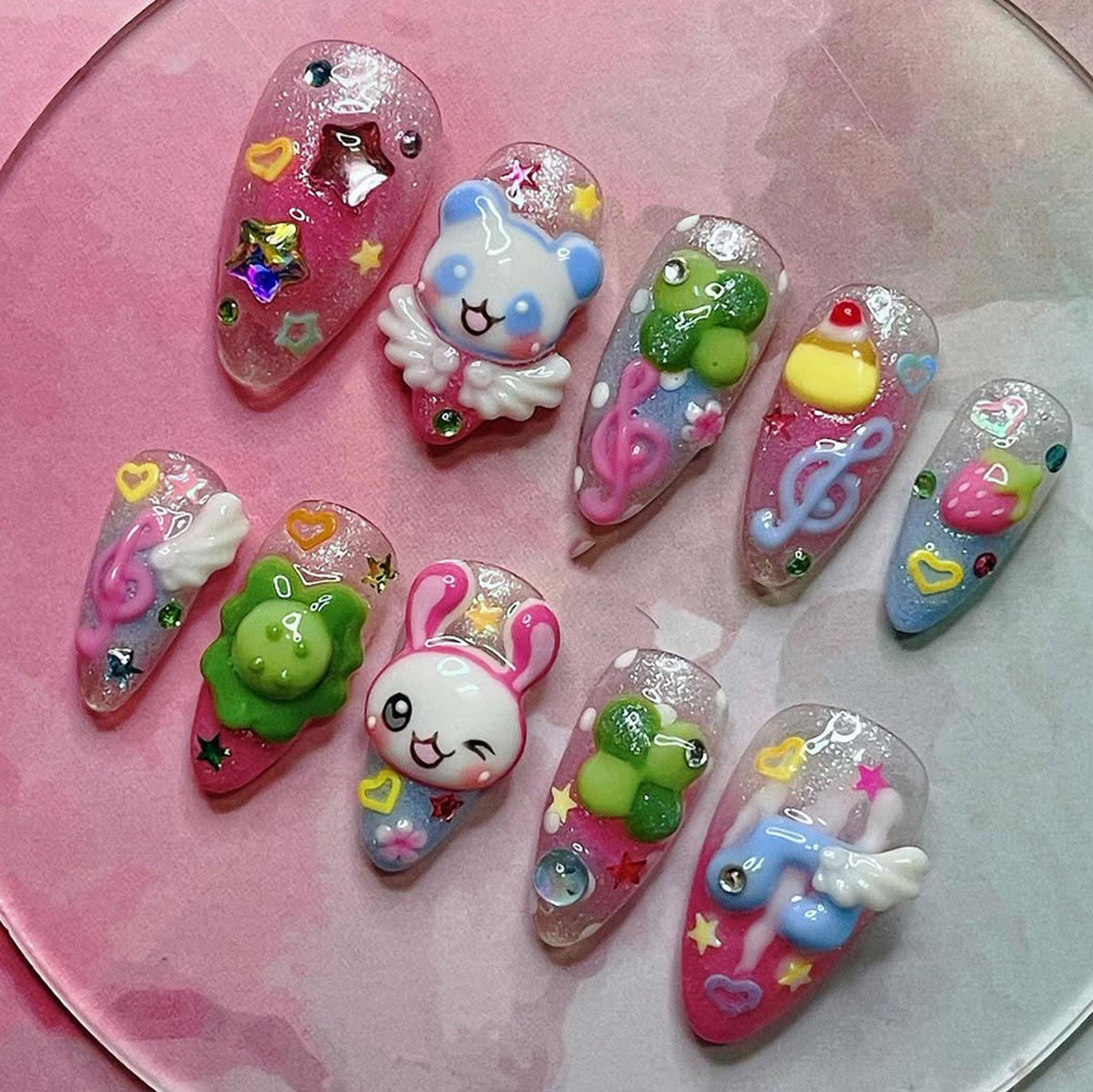 Pastel Glitter Music Nails With 3D Bunny and Bear Faces, Hearts and Stars