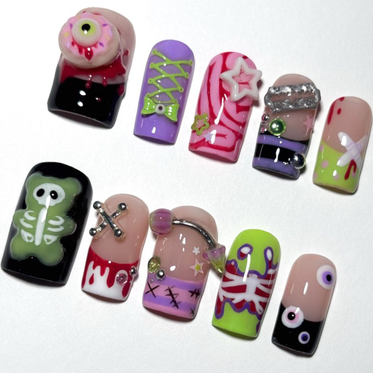 Pastel Goth Skeleton Bear & Eyeball Halloween Nail Set