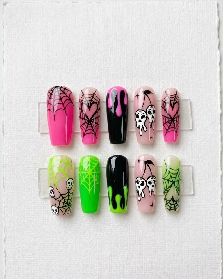 Pastel Goth Skull and Spiderweb Halloween Press On Nails