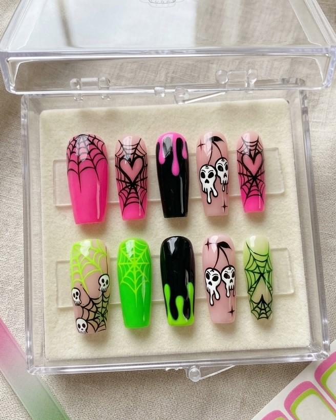 Pastel Goth Skull and Spiderweb Halloween Press On Nails