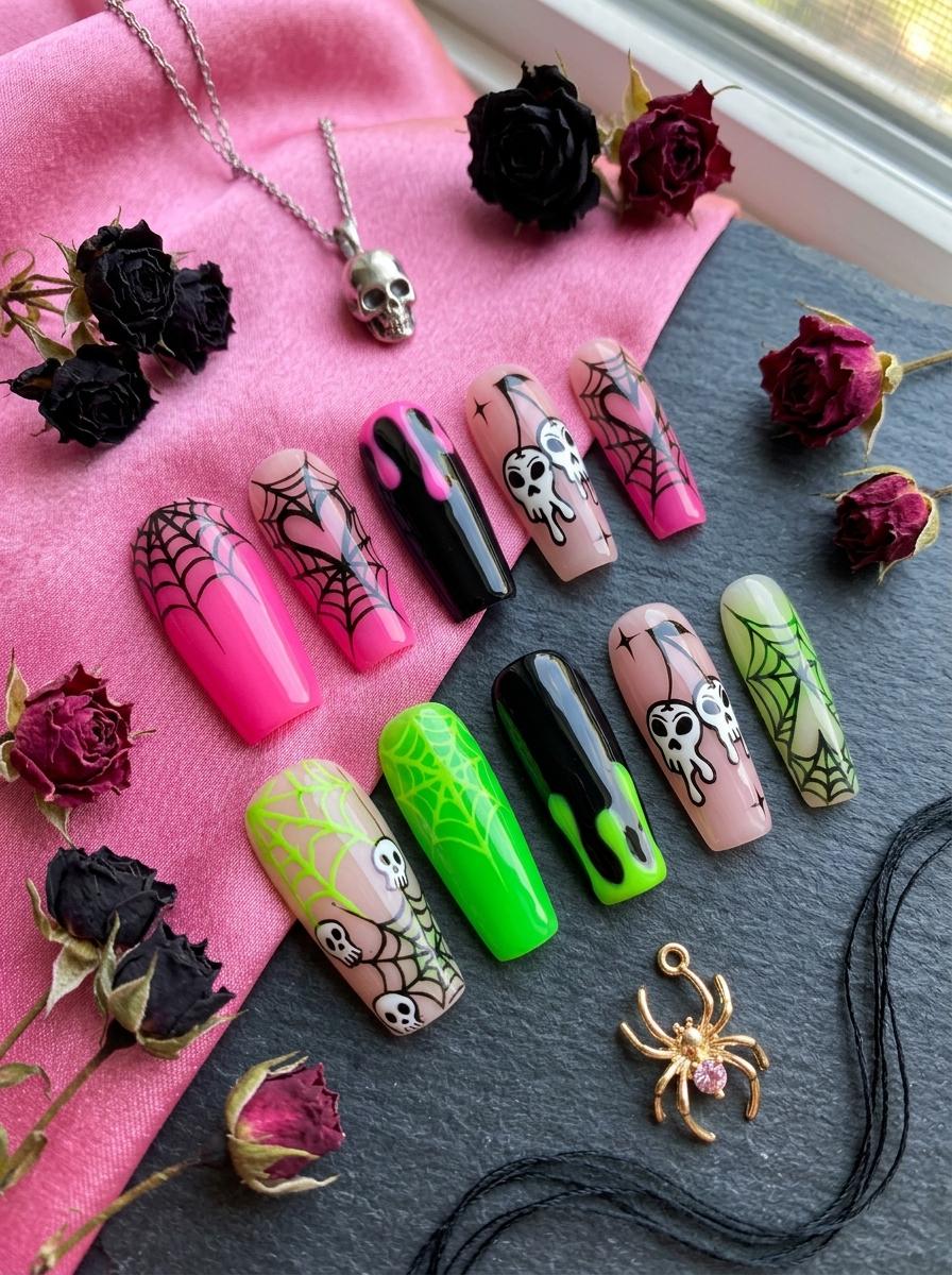 Pastel Goth Skull and Spiderweb Halloween Press On Nails