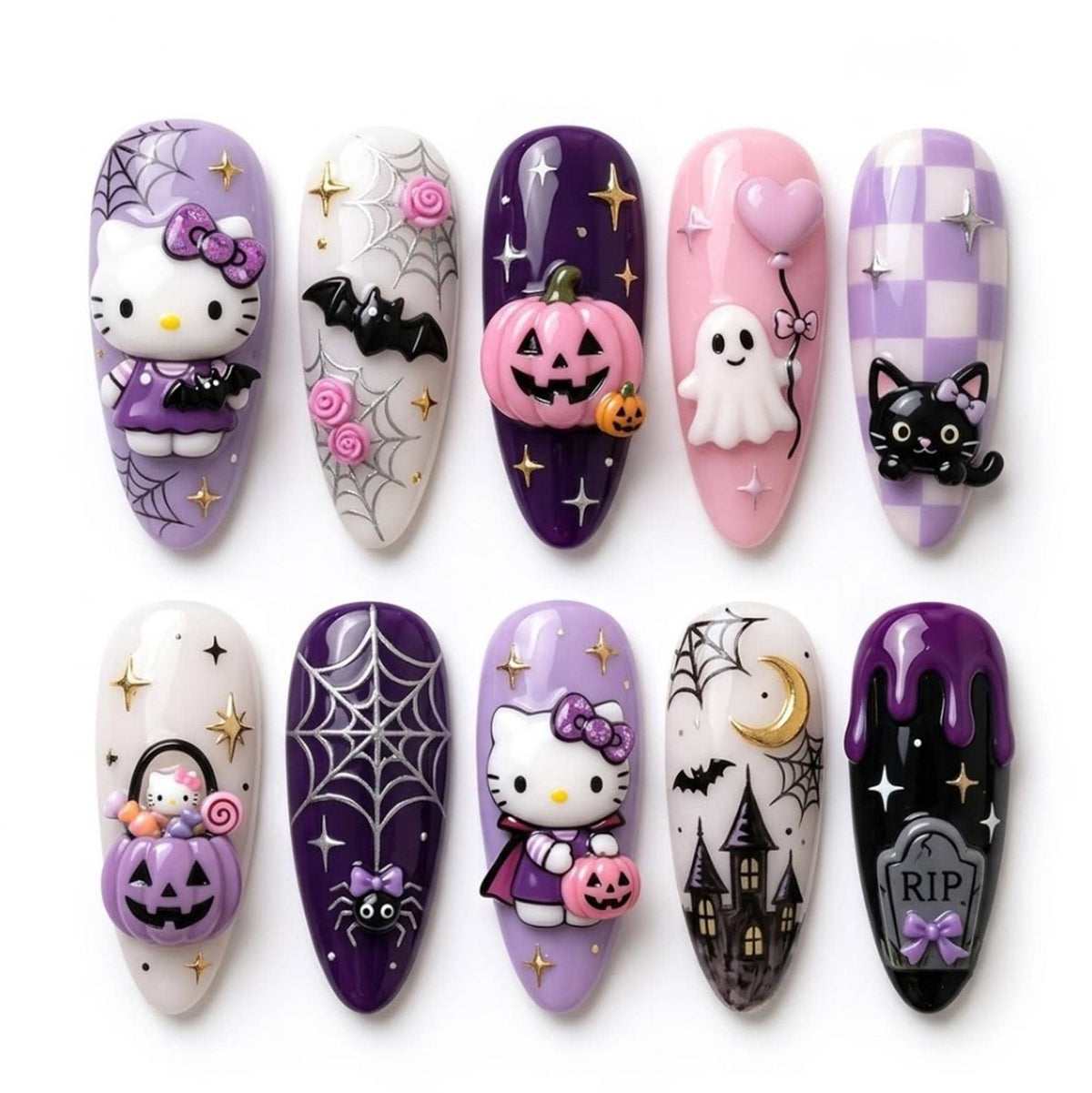 Pastel Halloween Press On Nails with Raised Characters, Ghosts, Pumpkins and Spiderwebs