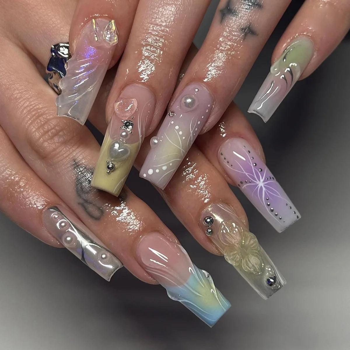 Pastel Iridescent Nail Art with Swirls, Flowers and Rhinestones