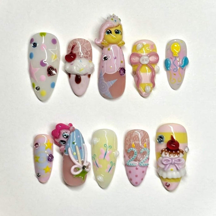 Pastel Kawaii Birthday Press On Nail Set with Pony Faces, Stars, Cherries and 3D Cupcake Details
