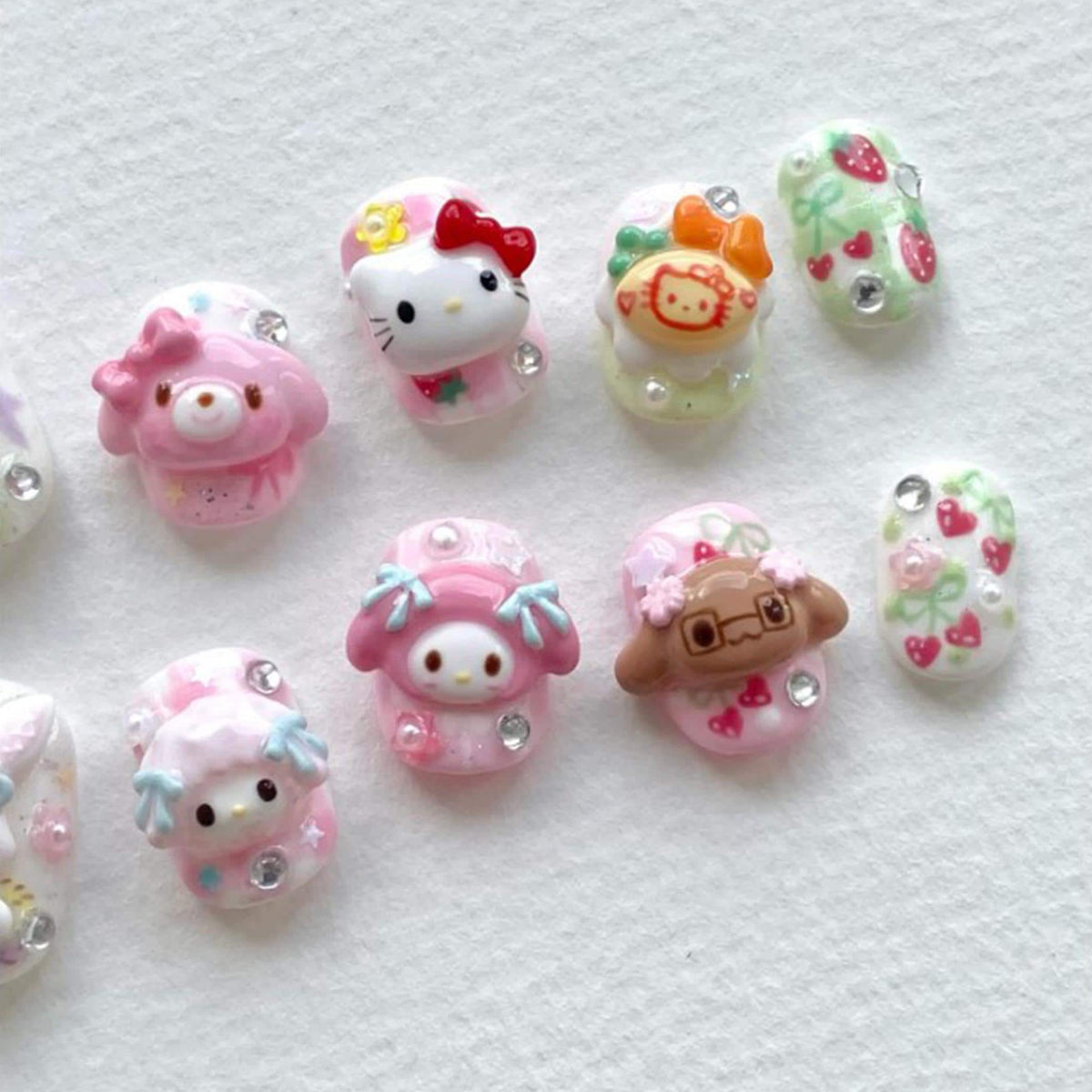 Pastel Kawaii Character and Strawberry 3D Charm Press On Nails