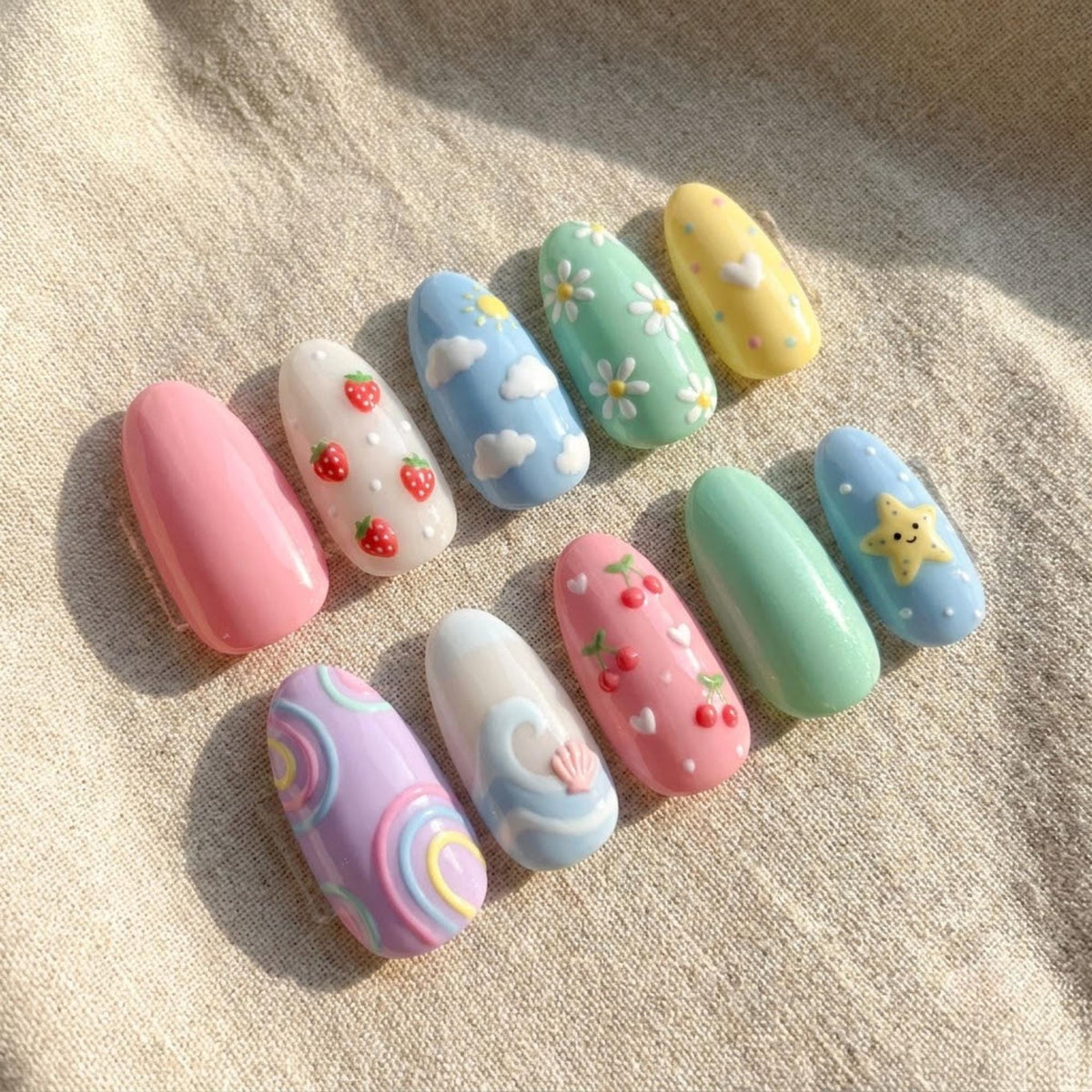Pastel Kawaii Summer Nails With 3D Fruit, Daisies, Clouds and Beach Details