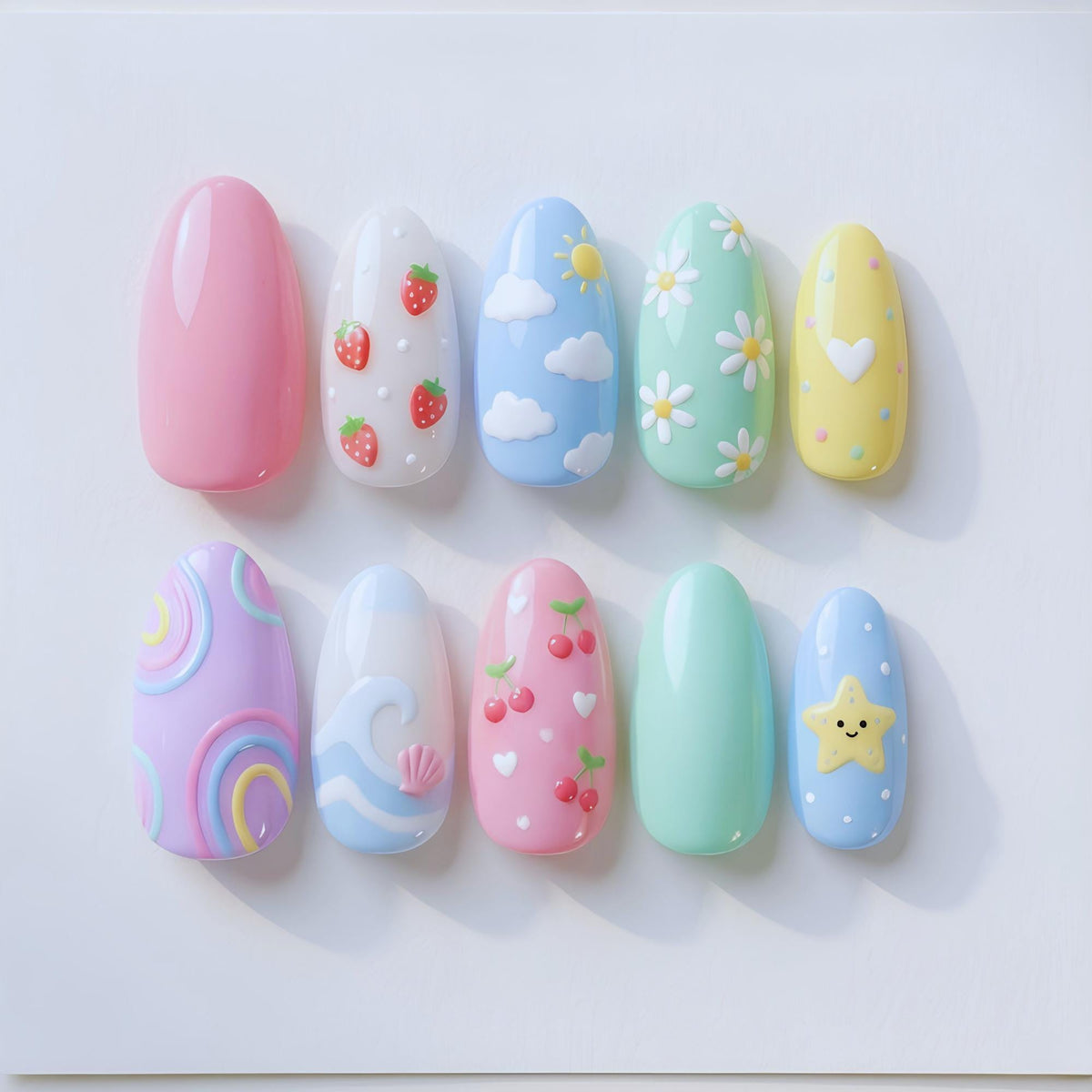 Pastel Kawaii Summer Nails With 3D Fruit, Daisies, Clouds and Beach Details