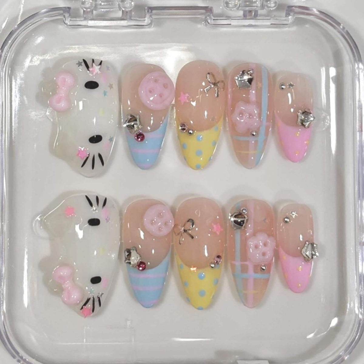 Pastel Kitty Face Press-On Nail Set With Plaid, Pink Bows, and Silver Charms