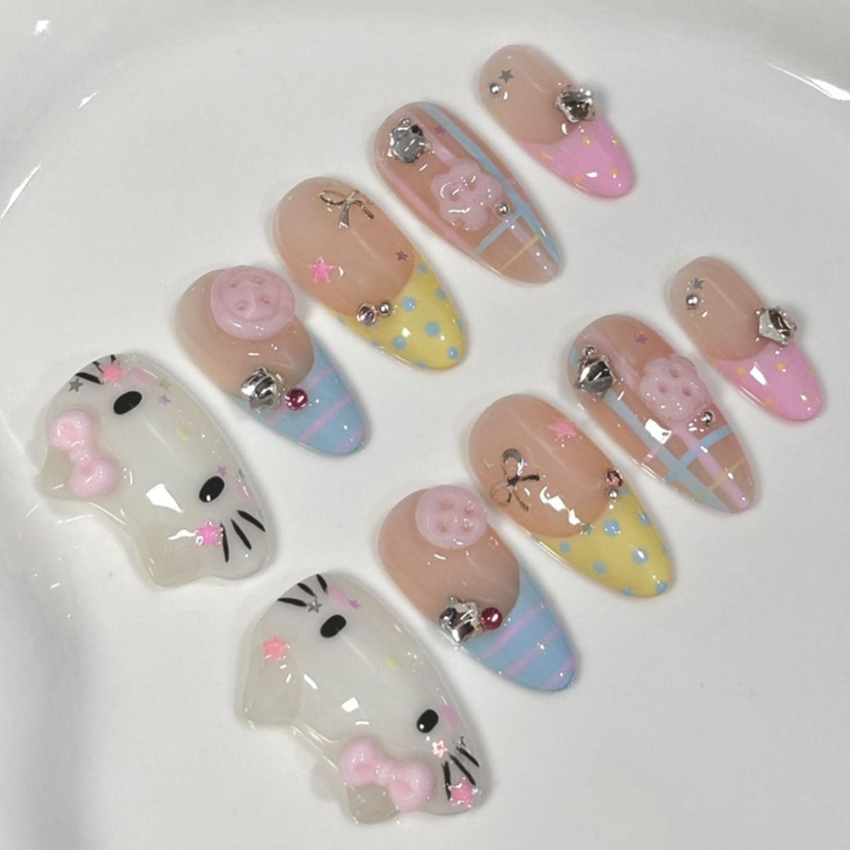 Pastel Kitty Face Press-On Nail Set With Plaid, Pink Bows, and Silver Charms