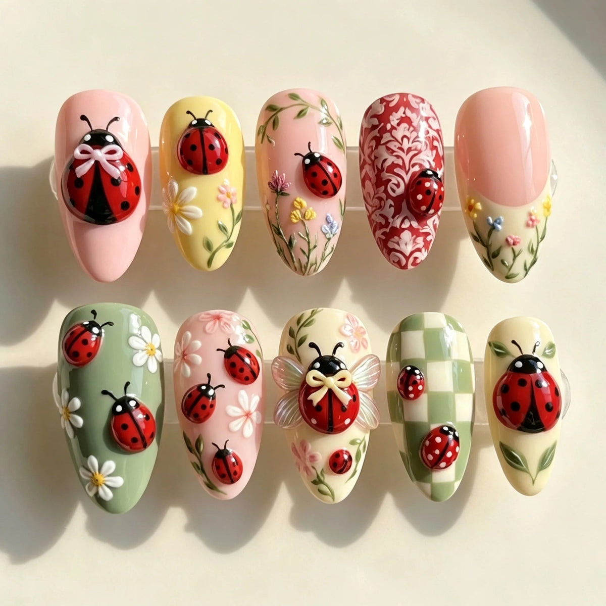 Pastel Ladybug Garden Press On Nails with Flowers, Checks and 3D Details