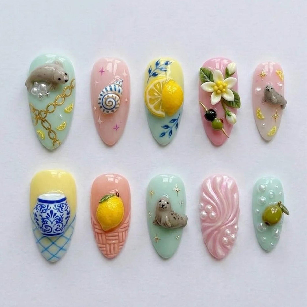 Pastel Lemon and Seal Nail Set with 3D Flowers, Pearls, and Gold Details