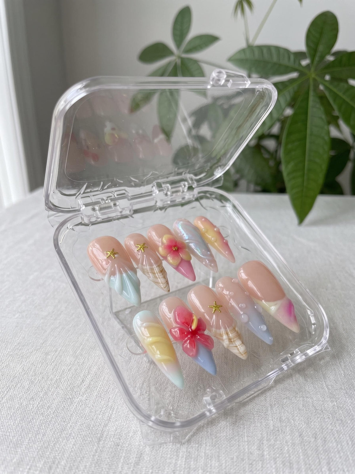 Pastel Mermaid Beach Press On Nails With Flowers, Starfish Charms, and Shell Details