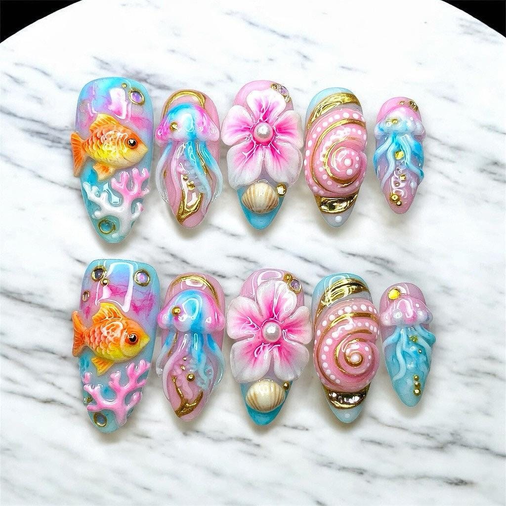 Pastel Mermaid Ocean Nail Set With Goldfish, Jellyfish, Shells & Pearls