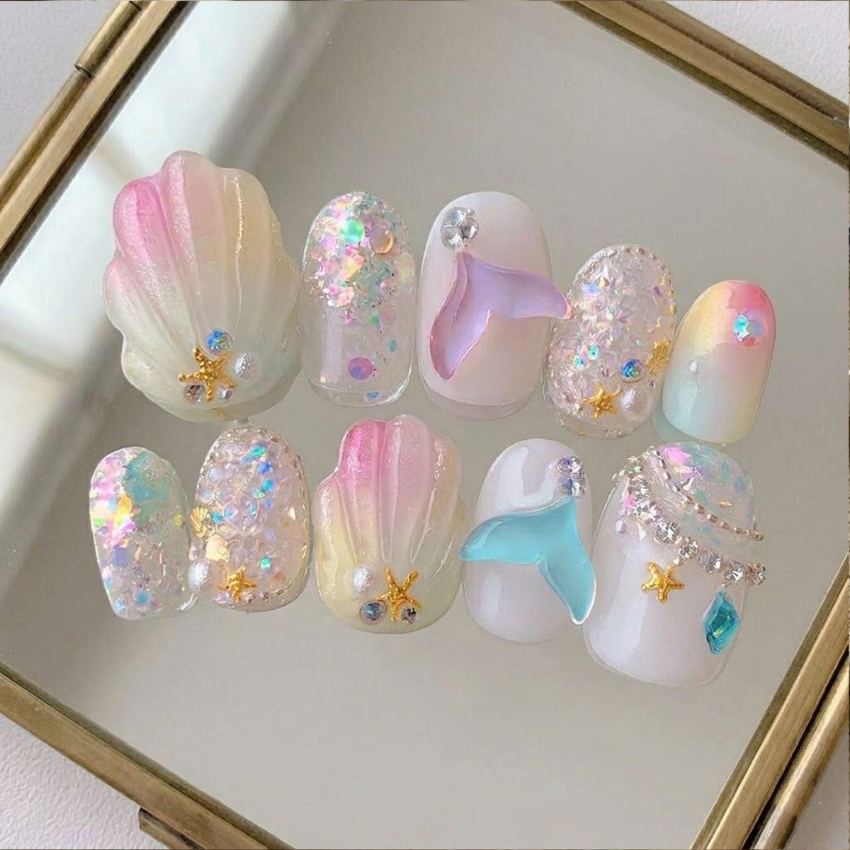 Pastel Mermaid Press-On Nails with 3D Shells, Iridescent Glitter and Gold Sea Charms