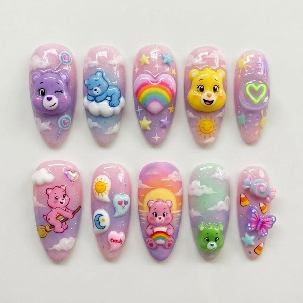 Pastel Nostalgic Bear Press-On Nails With 3D Rainbows, Clouds & Stars